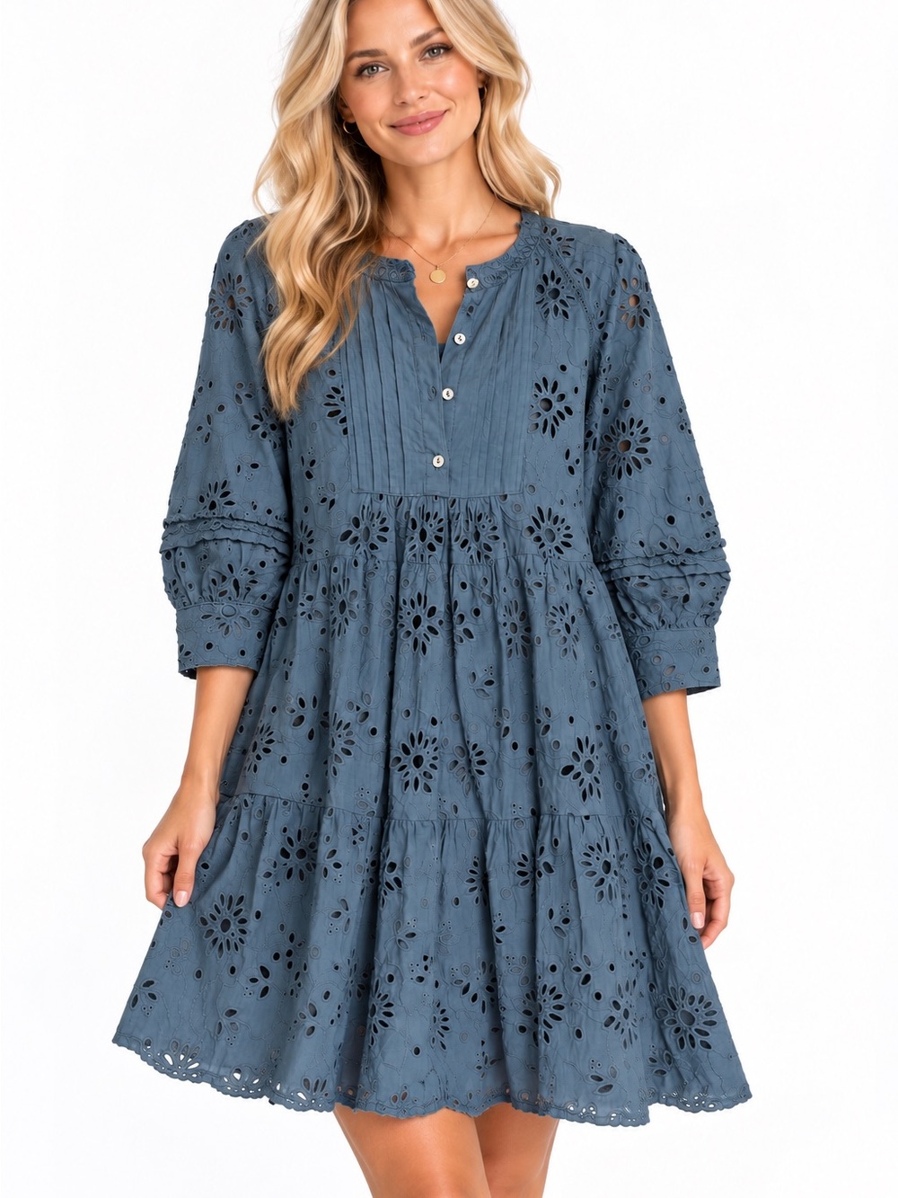 dRA Dusty Blue Eyelet Pintuck Tiered Mini Dress NWT